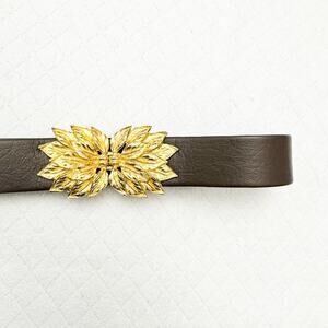 Vintage Gold Flower Brown Leather Belt Vintage Clasp Size M